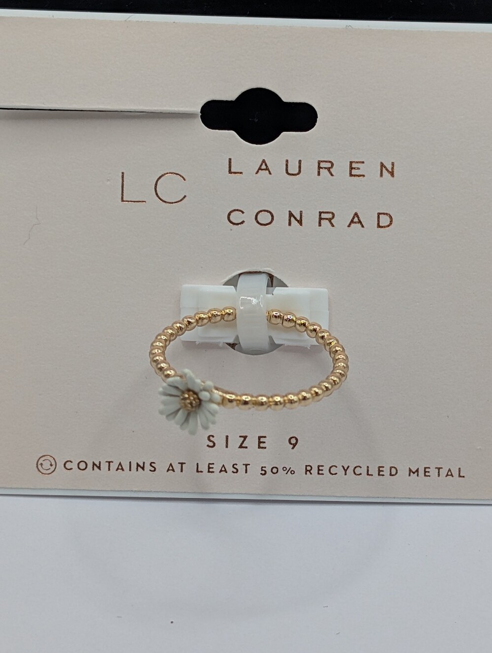 LC Lauren Conrad Gold Beaded Ring with White Flower- Size 9